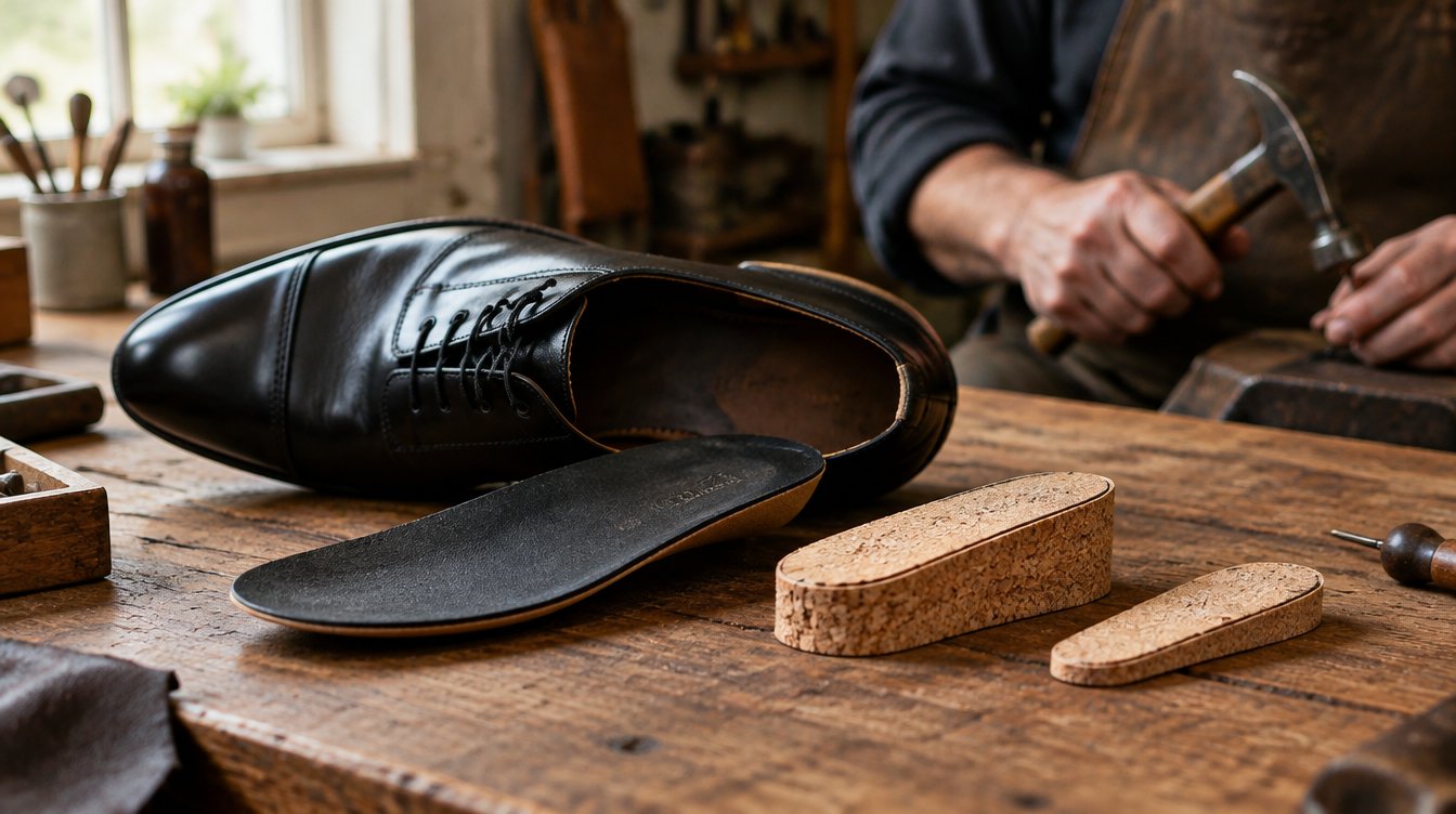 Alzatacco in sughero accanto a una scarpa in pelle con la soletta sollevata