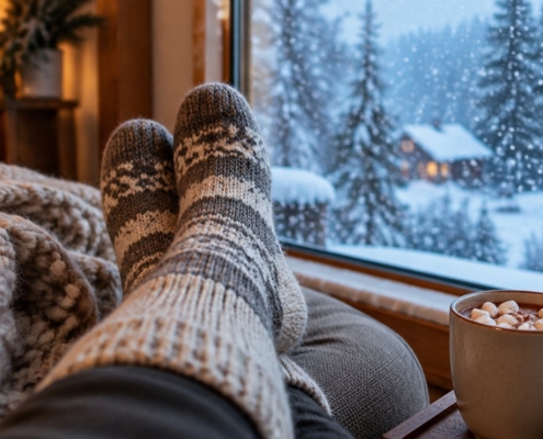 Piedi con calze termiche di lana accanto alla finestra mentre fuori nevica
