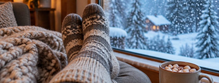 Piedi con calze termiche di lana accanto alla finestra mentre fuori nevica