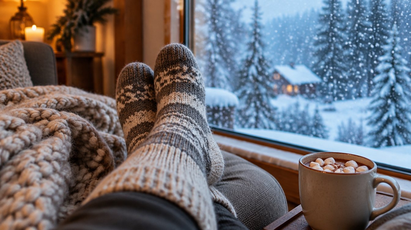 Piedi con calze termiche di lana accanto alla finestra mentre fuori nevica