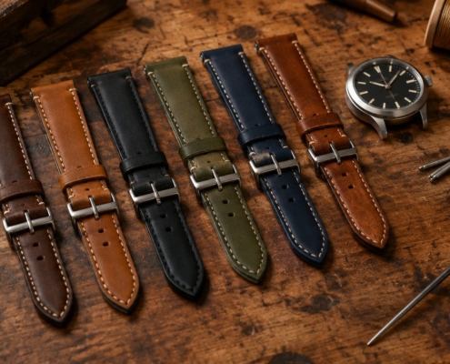 Cinturini per orologio in pelle di vari colori sul banco di lavoro dell'artigiano