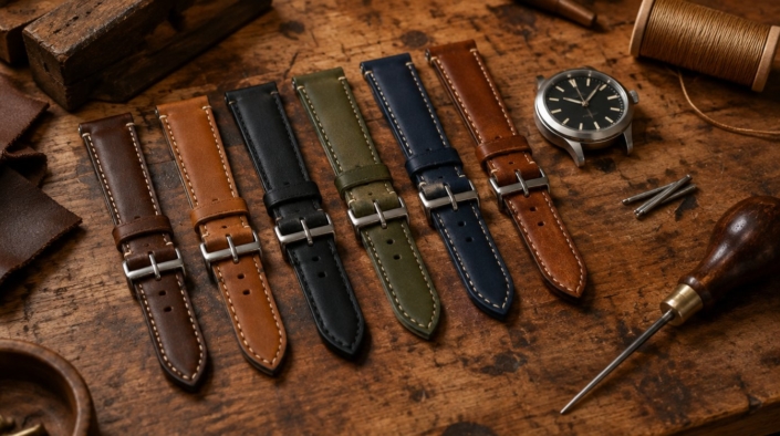Cinturini per orologio in pelle di vari colori sul banco di lavoro dell'artigiano