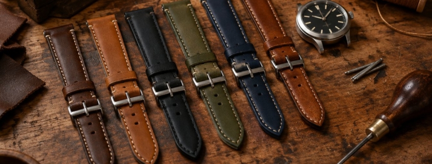 Cinturini per orologio in pelle di vari colori sul banco di lavoro dell'artigiano
