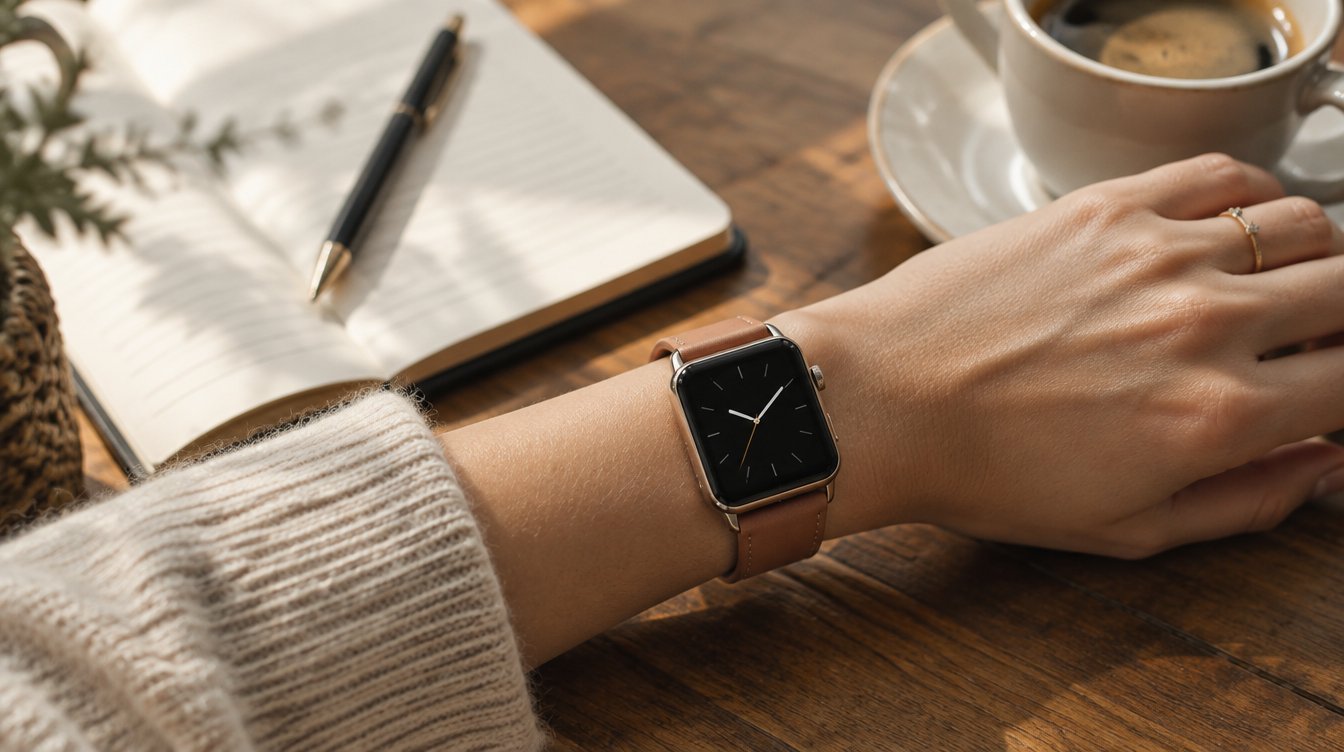 Smartwatch con cinturino in pelle color cuoio al polso
