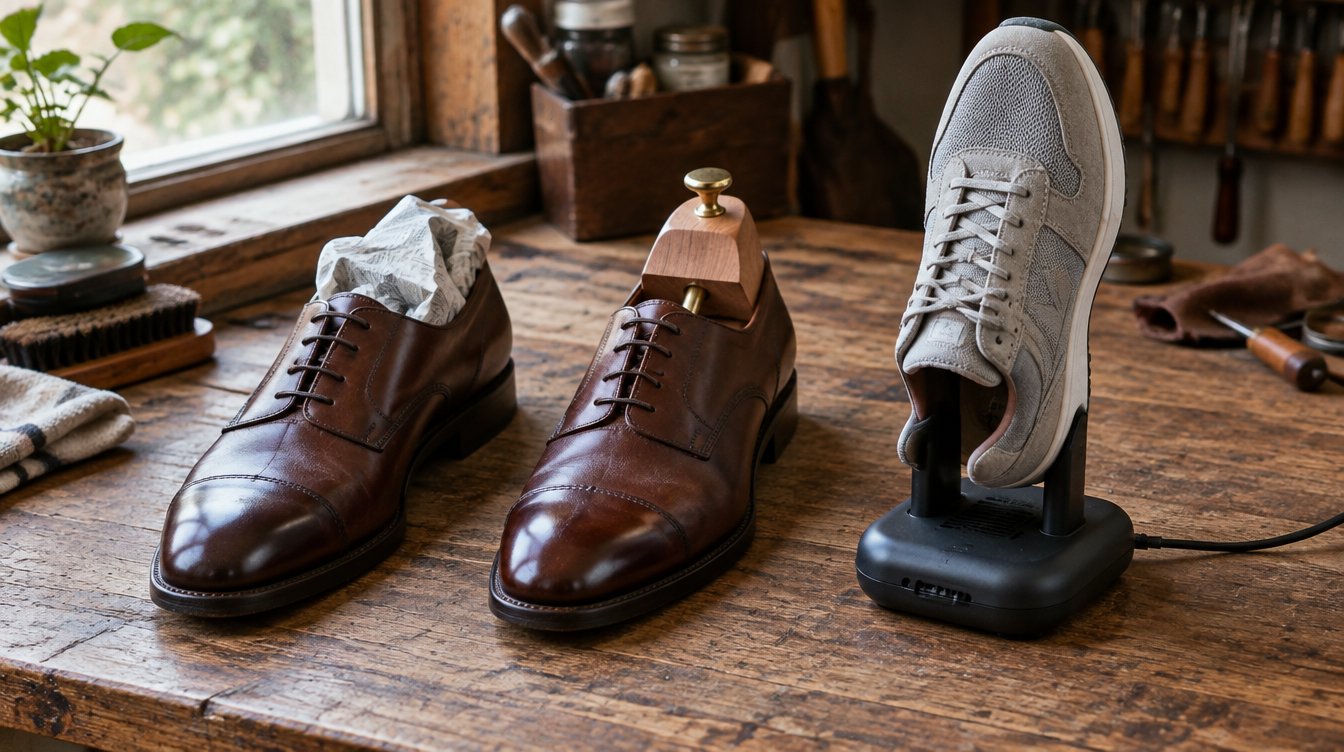 Tre modi per asciugare le scarpe: carta di giornale, tendiscarpe in cedro e asciugascarpe portatile
