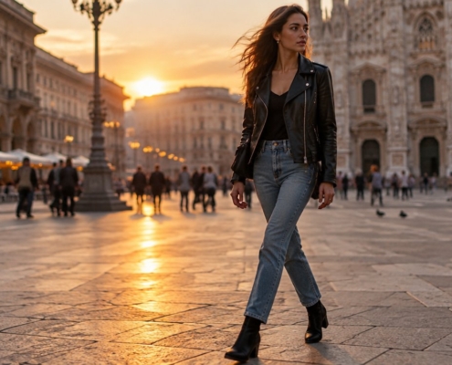 Donna con giacca di pelle nera da motociclista in piazza al tramonto