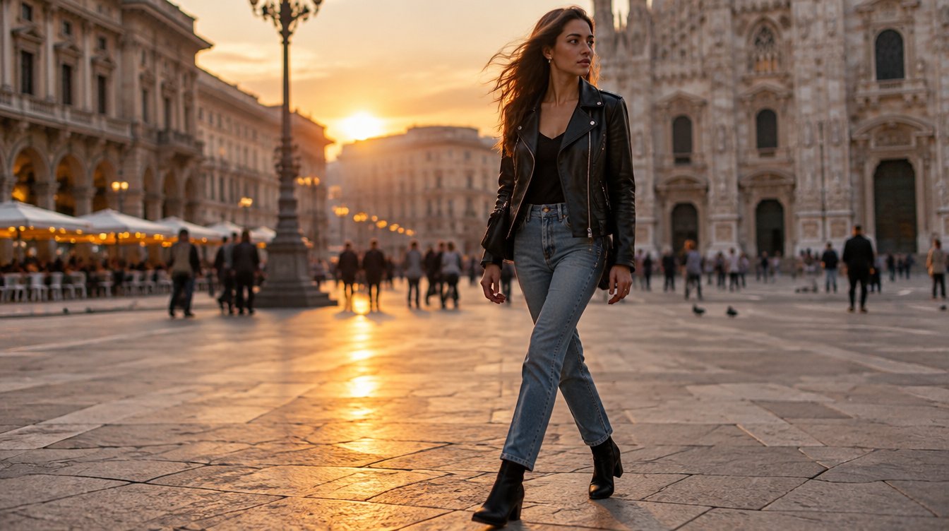 Donna con giacca di pelle nera da motociclista in piazza al tramonto