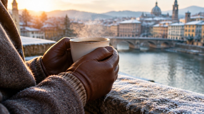 Mani con guanti in pelle marrone che tengono un caffè caldo d'inverno