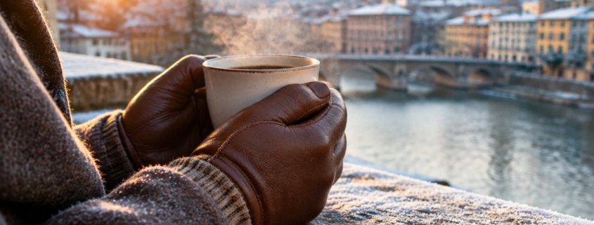 Mani con guanti in pelle marrone che tengono un caffè caldo d'inverno