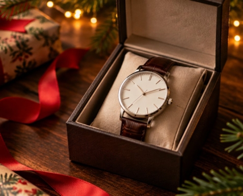 Orologio da uomo con cinturino in pelle marrone in una scatola regalo di Natale