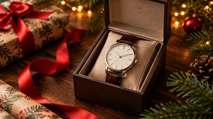 Orologio da uomo con cinturino in pelle marrone in una scatola regalo di Natale