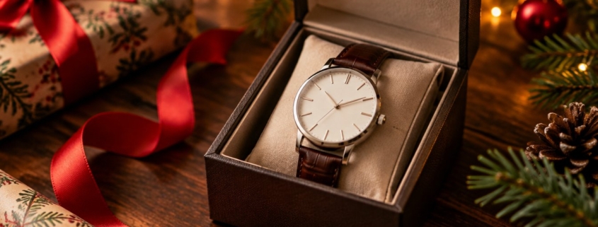 Orologio da uomo con cinturino in pelle marrone in una scatola regalo di Natale