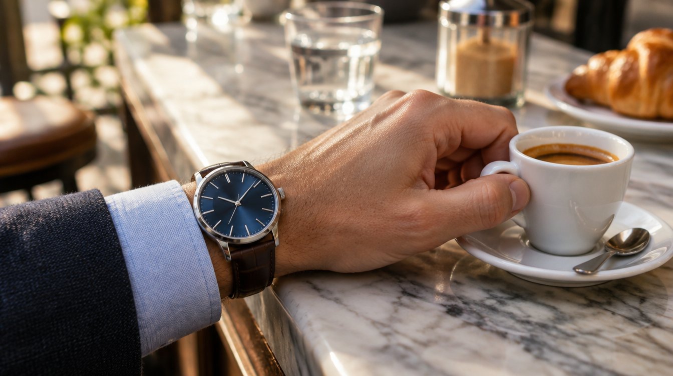 Polso di un uomo con orologio dal quadrante blu e cinturino in pelle al bancone del bar