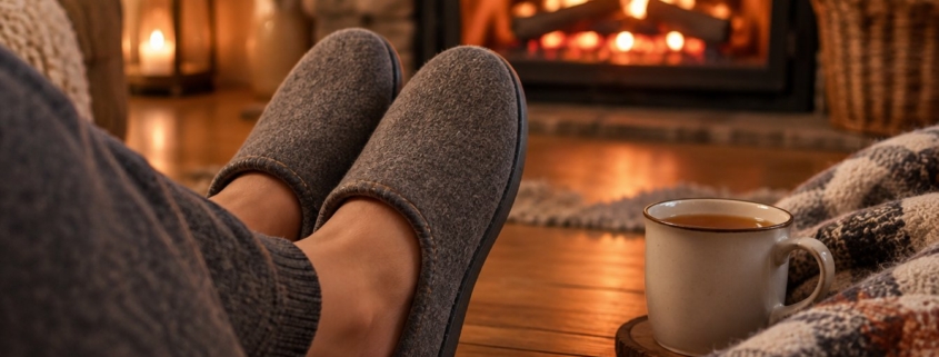 Piedi di donna in pantofole di feltro di lana davanti al camino