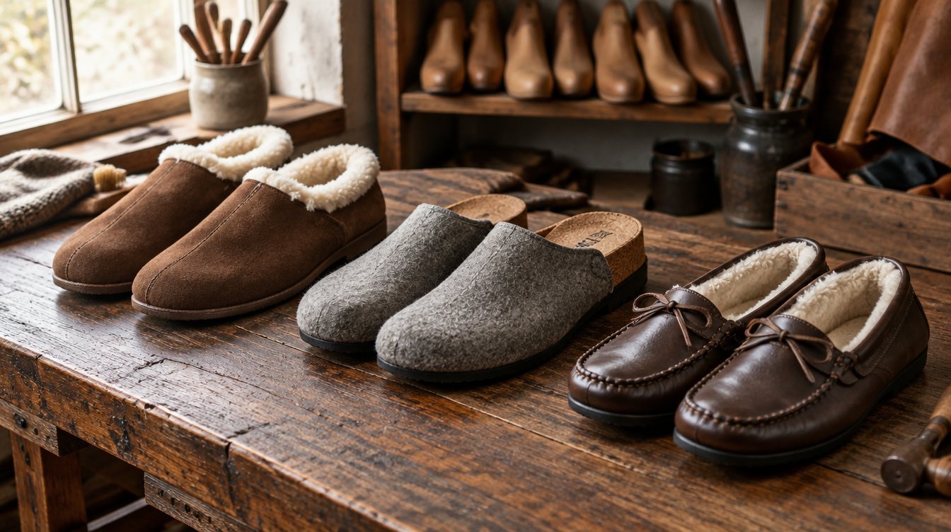 Pantofole da uomo in camoscio con montone, in feltro e in pelle sul banco del calzolaio