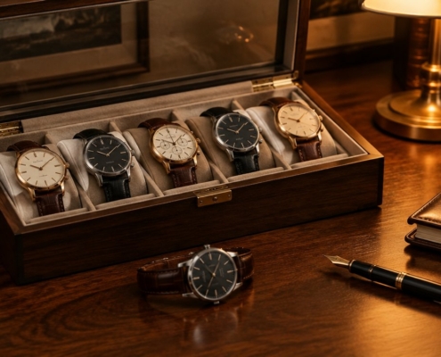 Scatola porta orologi in legno con coperchio in vetro e orologi con cinturino in pelle sulla scrivania