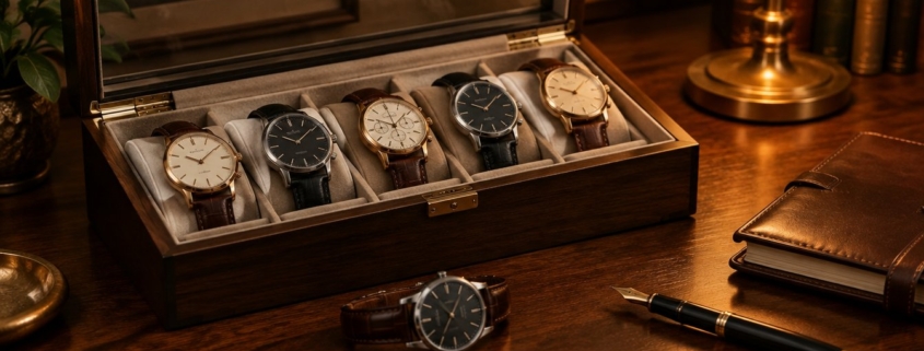 Scatola porta orologi in legno con coperchio in vetro e orologi con cinturino in pelle sulla scrivania