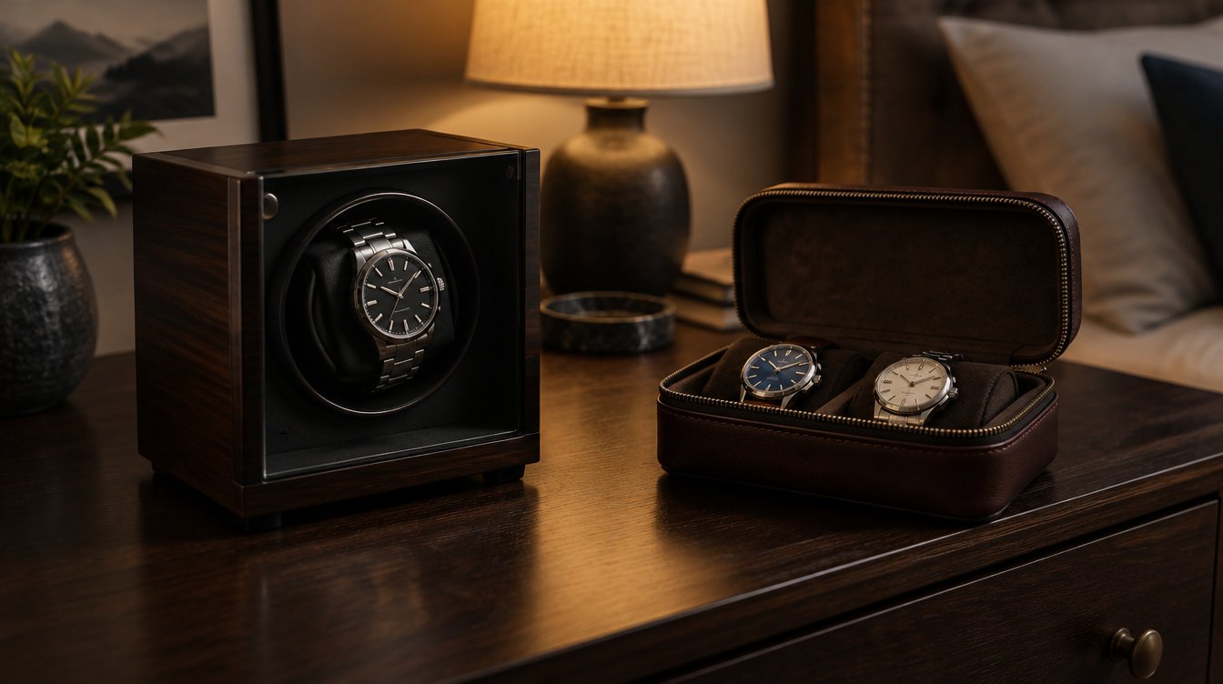 Caricatore per orologi automatici accanto a un porta orologi da viaggio in pelle