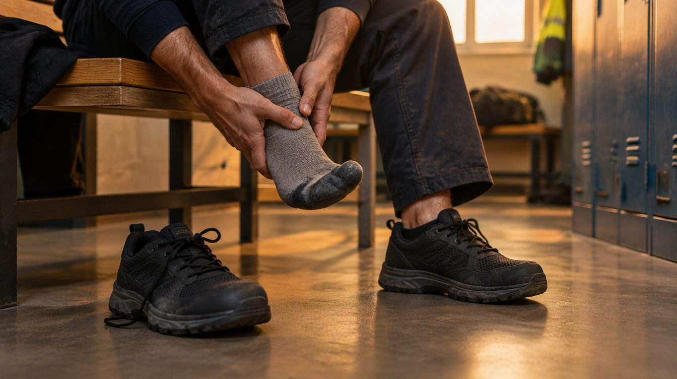 Operaio che si massaggia il piede a fine turno accanto alle scarpe antinfortunistiche