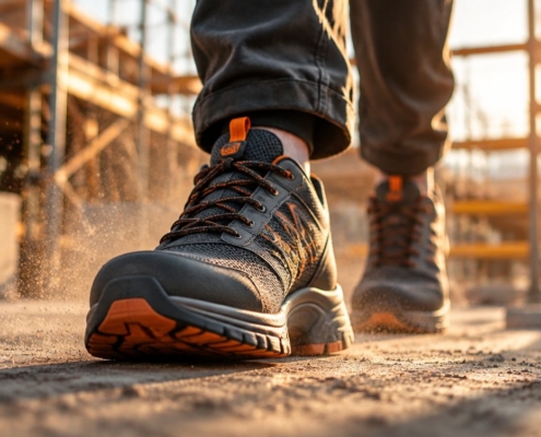 Scarpe antinfortunistiche leggere in cantiere, primo piano sul passo