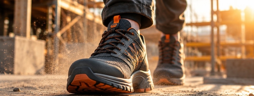 Scarpe antinfortunistiche leggere in cantiere, primo piano sul passo