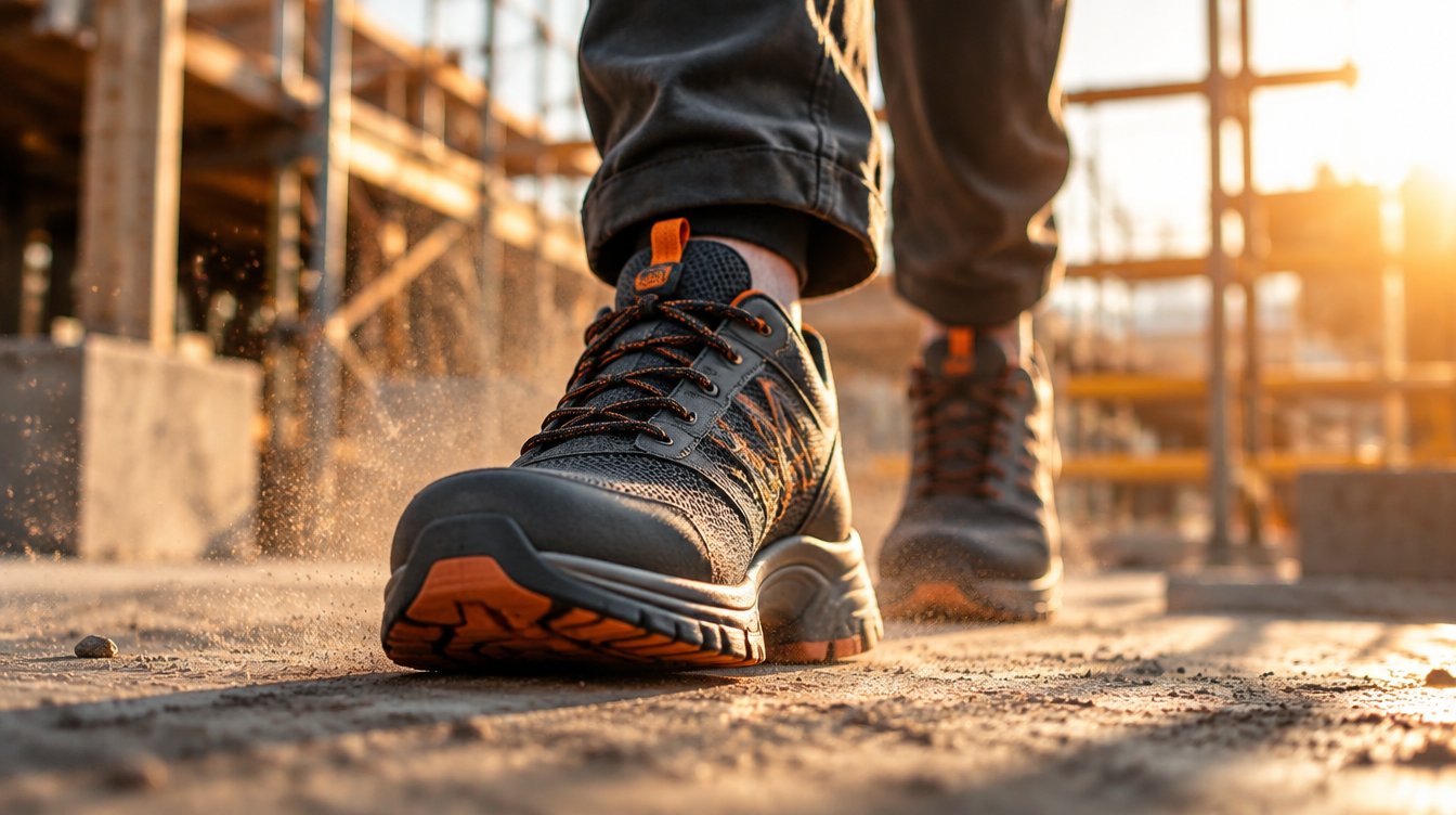 Scarpe antinfortunistiche leggere in cantiere, primo piano sul passo