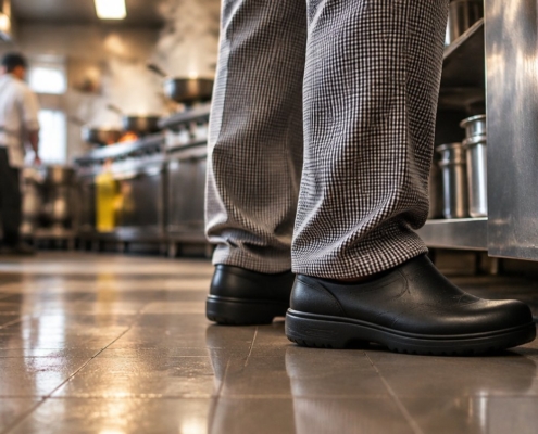 Cuoco in piedi in cucina con zoccoli da lavoro comodi