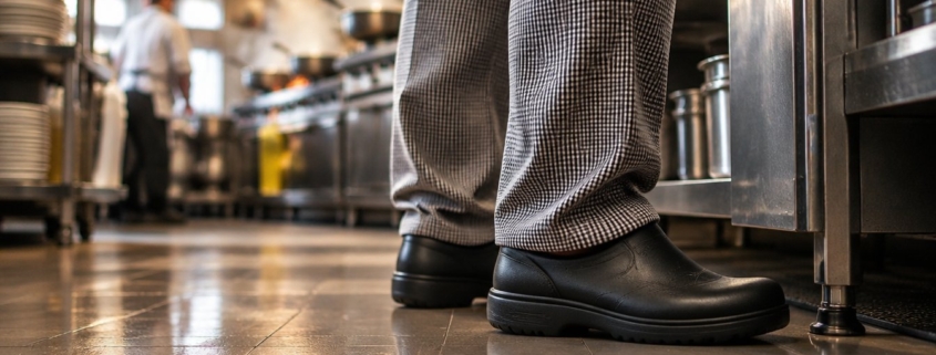 Cuoco in piedi in cucina con zoccoli da lavoro comodi