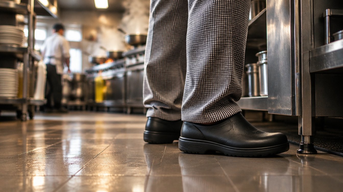Cuoco in piedi in cucina con zoccoli da lavoro comodi