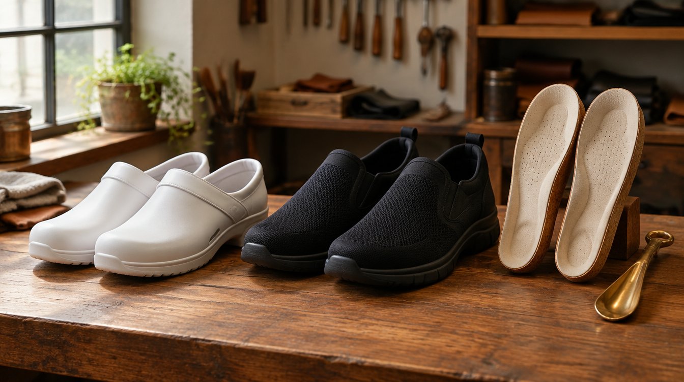 Zoccoli, sneaker da lavoro e plantari anatomici sul banco del calzolaio