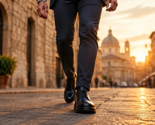 Uomo che cammina in città con scarpe rialzate eleganti in pelle