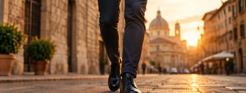 Uomo che cammina in città con scarpe rialzate eleganti in pelle