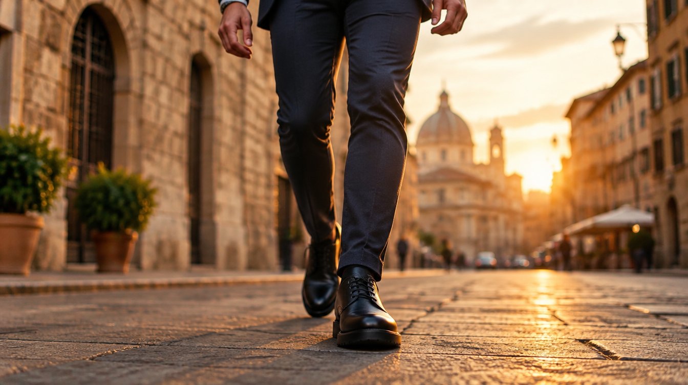 Uomo che cammina in città con scarpe rialzate eleganti in pelle