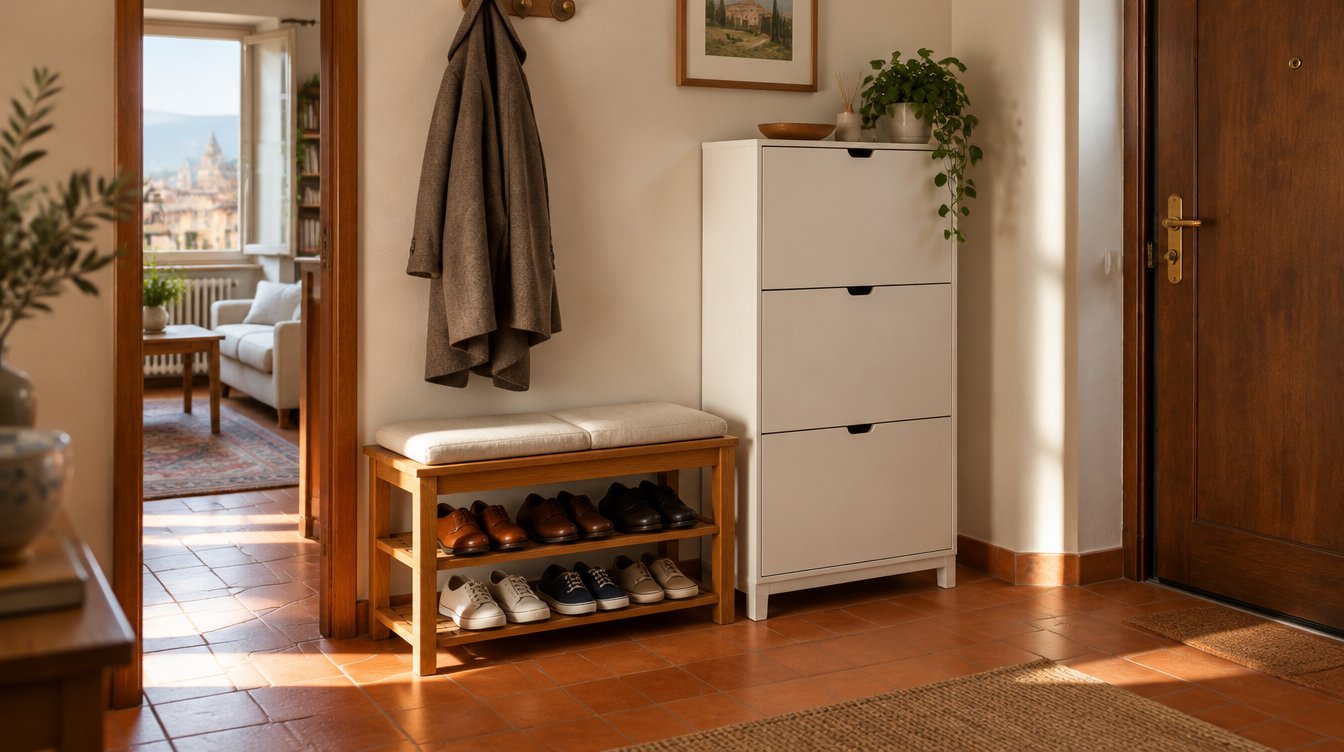 Ingresso di casa ordinato con scarpiera salvaspazio a ribalta e panca