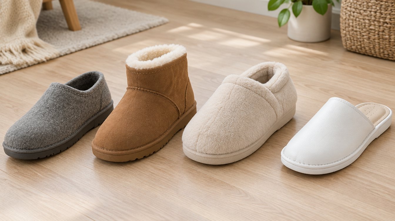Quattro tipi di pantofole invernali da donna a confronto: feltro di lana, montone, peluche e sanitarie